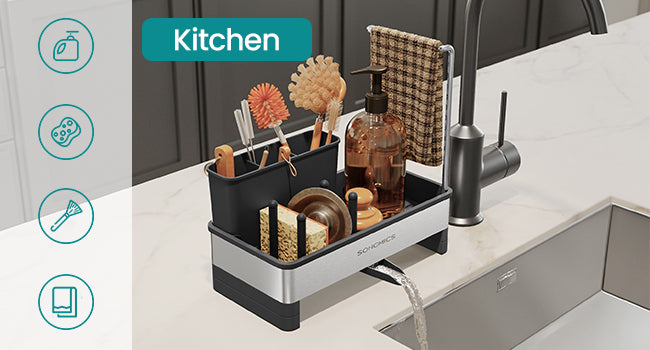 SONGMICS Sink Organizer with Rotatable Spout, Stainless Steel Sponge Holder, for Kitchen