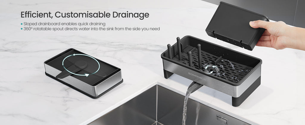 SONGMICS Sink Organizer with Rotatable Spout, Stainless Steel Sponge Holder, for Kitchen