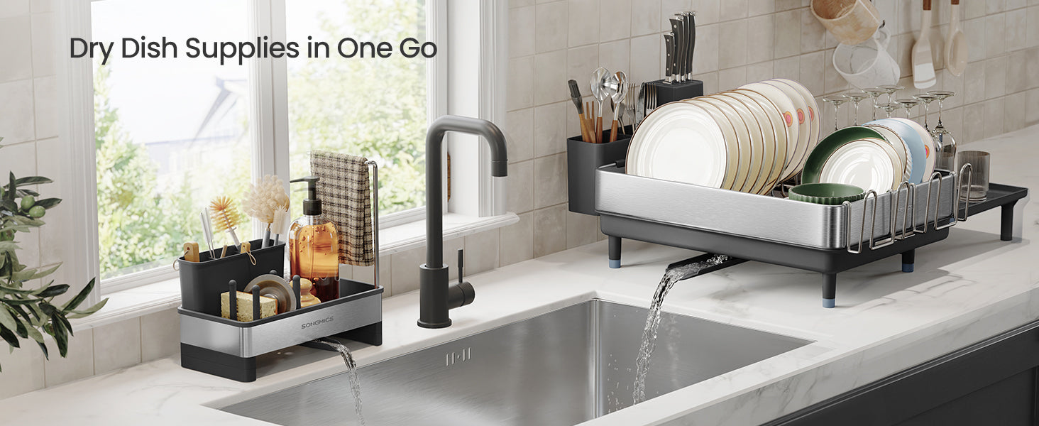 SONGMICS Sink Organizer with Rotatable Spout, Stainless Steel Sponge Holder, for Kitchen