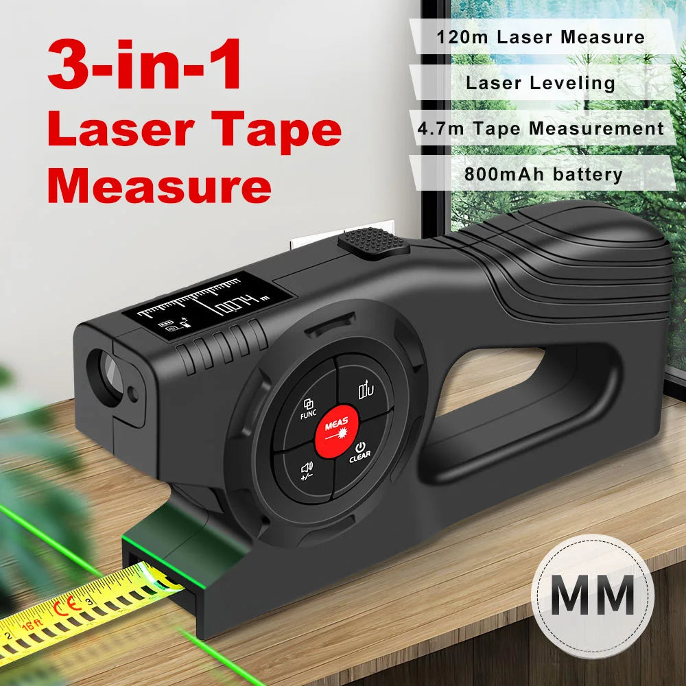 3 in 1 Digital Distance Meter Laser Marking 120M Tape Measure with Green Laser Line and LCD Display Building Laser Rangefinder
