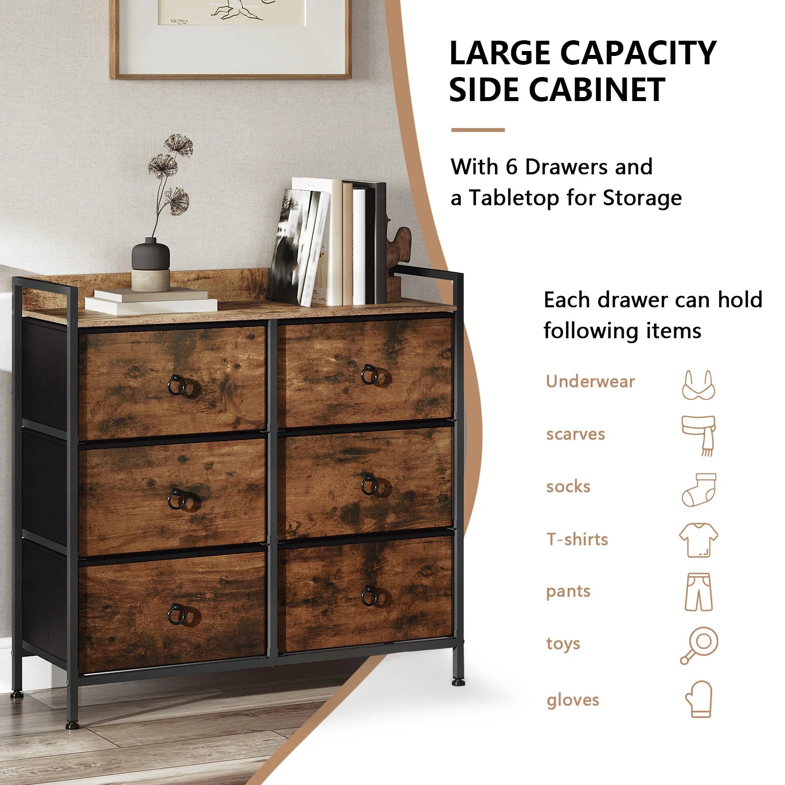 WOLTU Living Room Cabinet Chest of Drawers with 6 Fabric Drawers Storage Sideboard for Bedroom Hallway Home Organizer