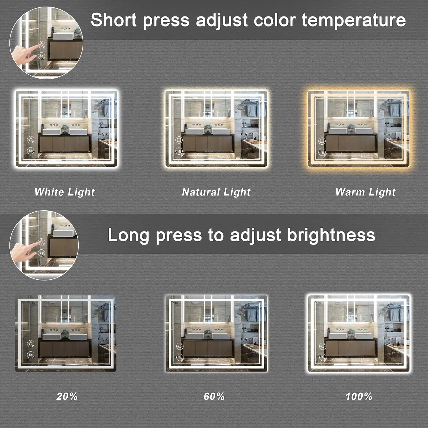 Bathroom Mirror with LED Lights Illuminated Bathroom Mirror Wall Mounted Vanity Mirror, Bathroom Light Mirror with defogging
