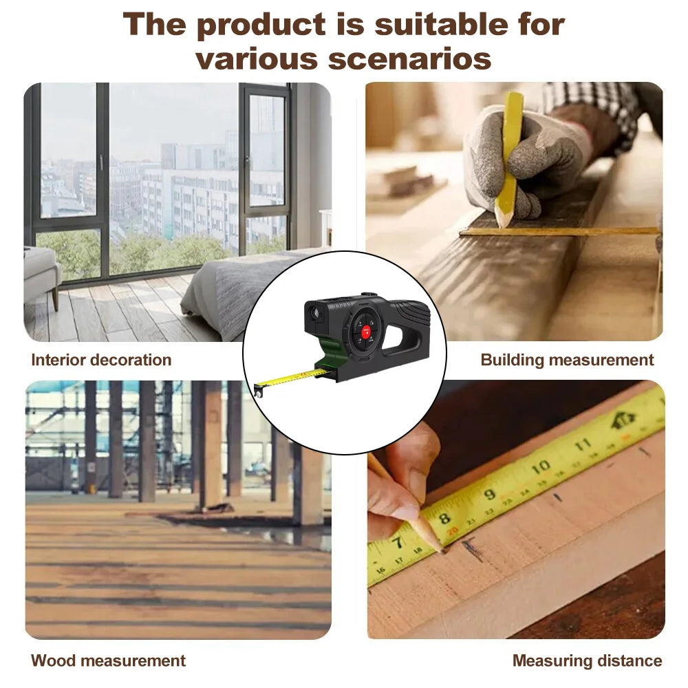 3 in 1 Digital Distance Meter Laser Marking 120M Tape Measure with Green Laser Line and LCD Display Building Laser Rangefinder