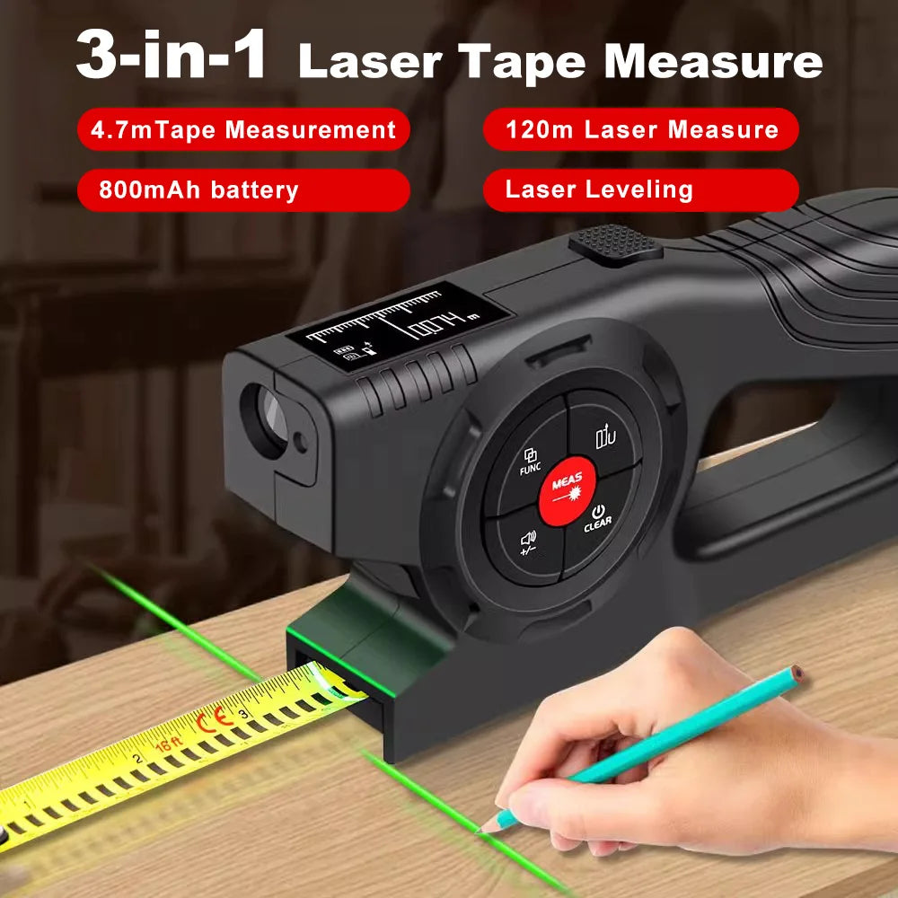 3 in 1 Digital Distance Meter Laser Marking 120M Tape Measure with Green Laser Line and LCD Display Building Laser Rangefinder