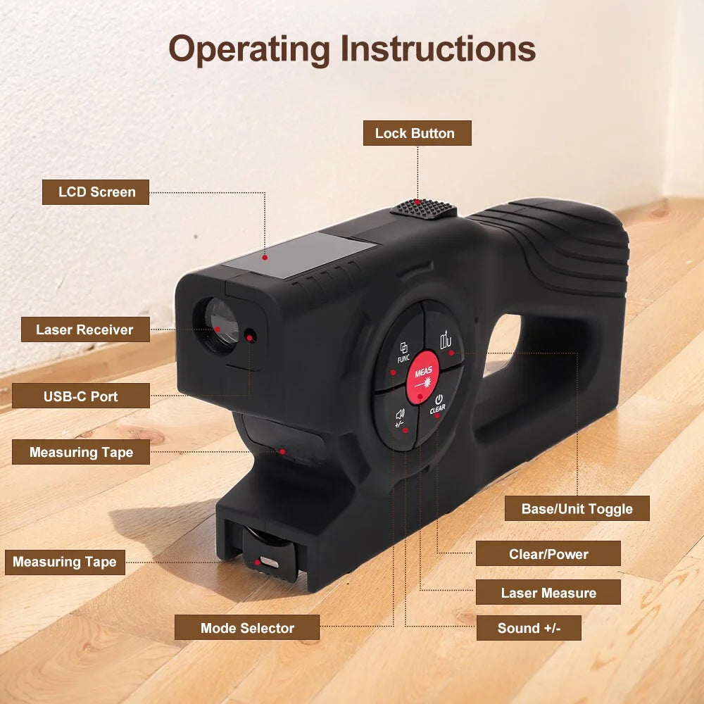 3 in 1 Digital Distance Meter Laser Marking 120M Tape Measure with Green Laser Line and LCD Display Building Laser Rangefinder
