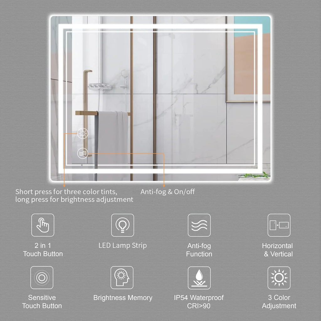 Bathroom Mirror with LED Lights Illuminated Bathroom Mirror Wall Mounted Vanity Mirror, Bathroom Light Mirror with defogging