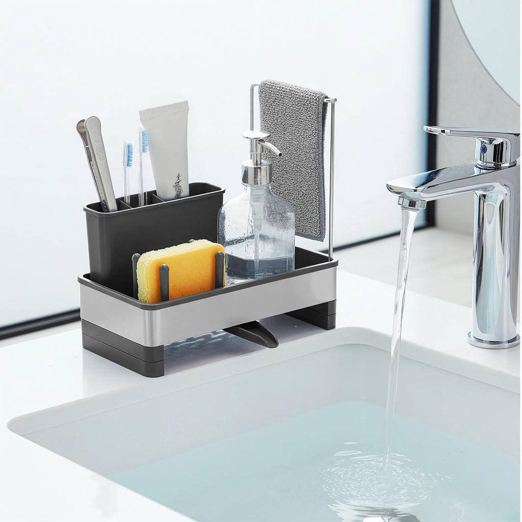 SONGMICS Sink Organizer with Rotatable Spout, Stainless Steel Sponge Holder, for Kitchen