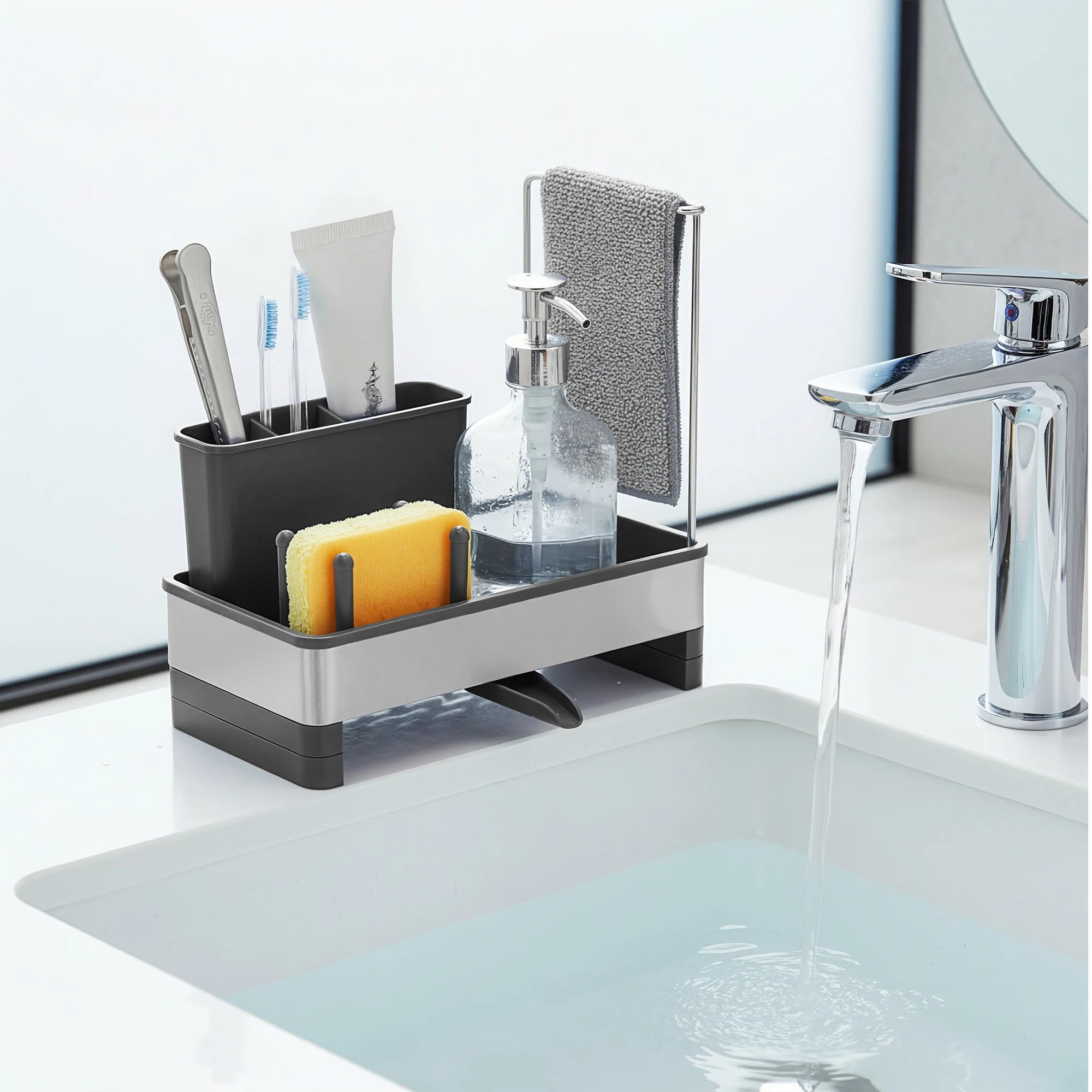 SONGMICS Sink Organizer with Rotatable Spout, Stainless Steel Sponge Holder, for Kitchen