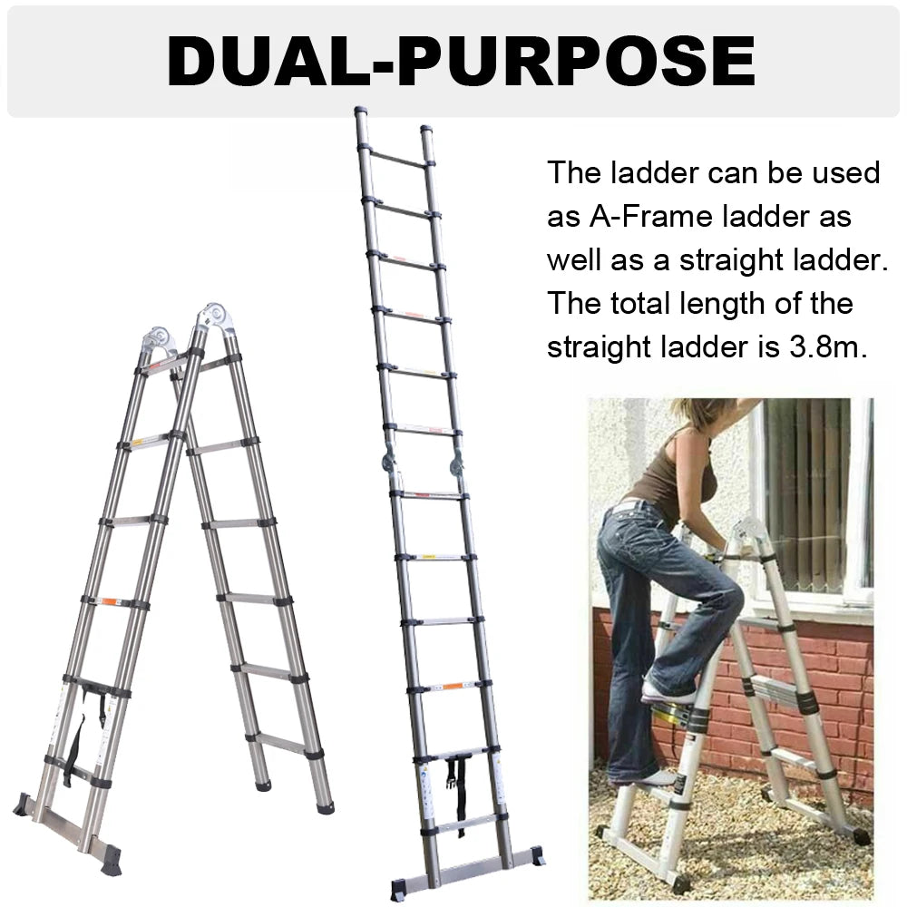 3.8m/ 5m Folding Telescopic Ladder A-Frame, Alloy Aluminum/ Stainless Steel, Non-Slip, Stable, 150KG  LoadCapacity, EN131