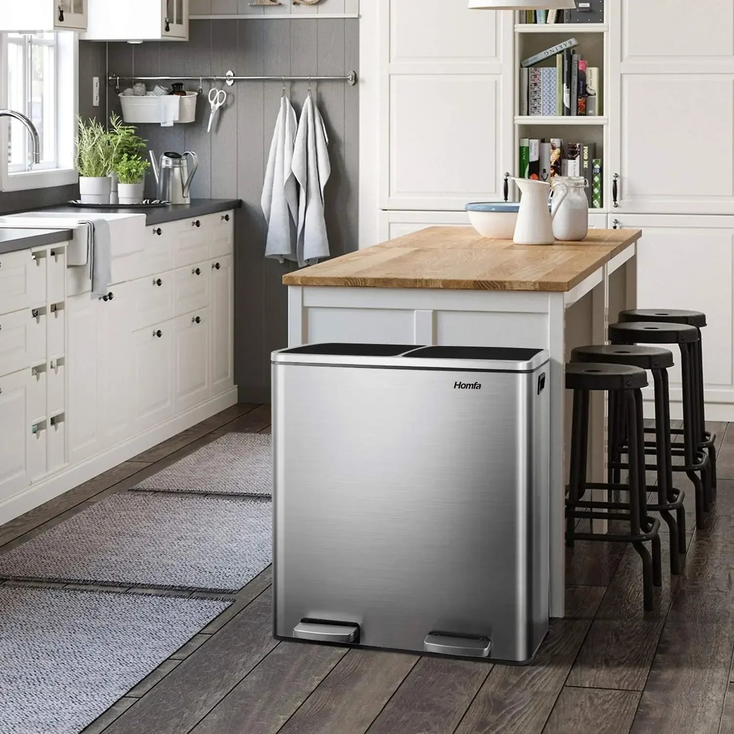 Brushed Stainless Steel 60L/16Gallon Rectangular Hands-Free Dual Compartment Recycling Kitchen Step Trash Can w/ Soft-Close Lid