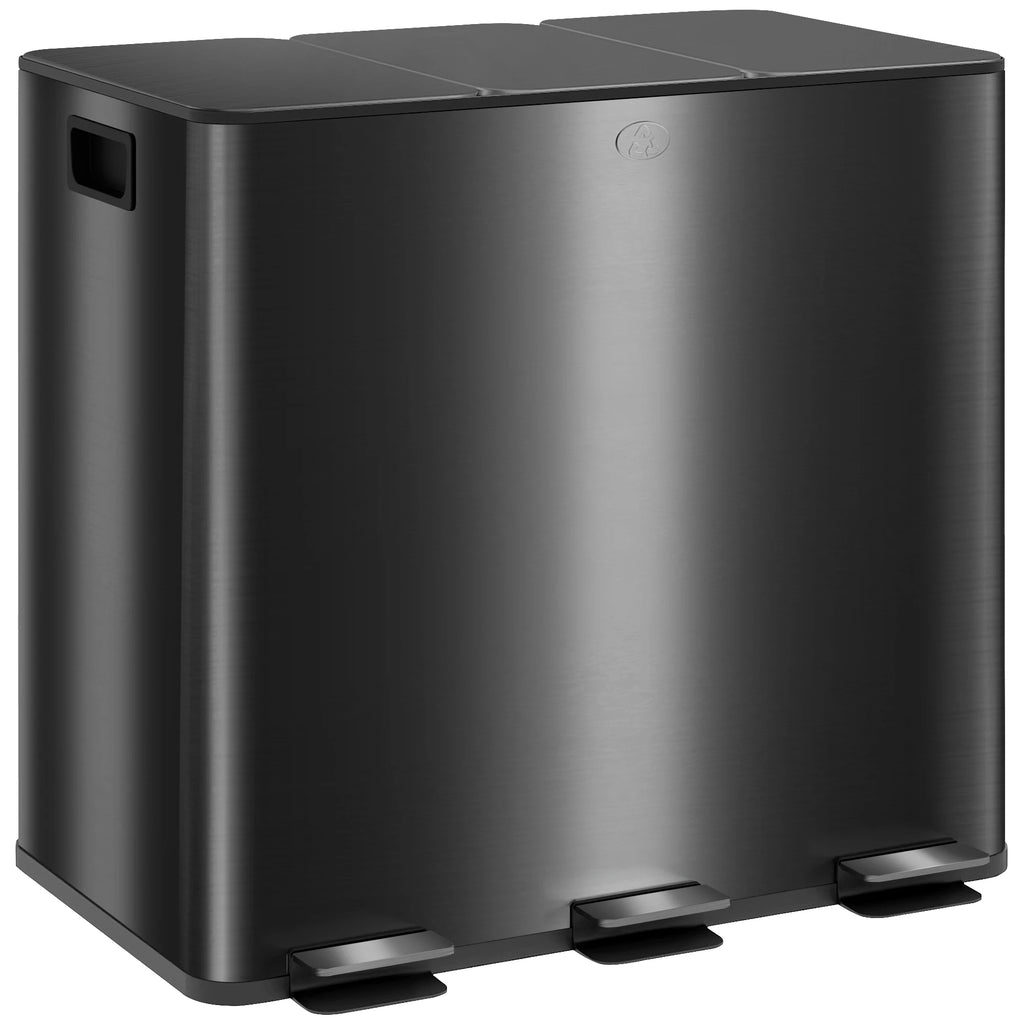 HOMCOM 3 x 15L Triple Kitchen Bin Pedal Bin for Recycling and Waste Black