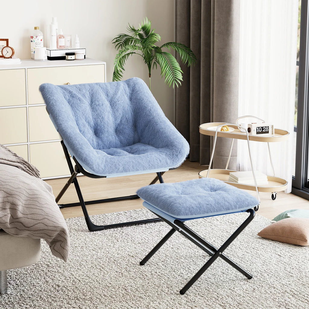 Oversized Folding Saucer Chair with Foot Stool for Adults Soft Faux Leather Metal Frame Lounge Armchair for Bedroom Living Room