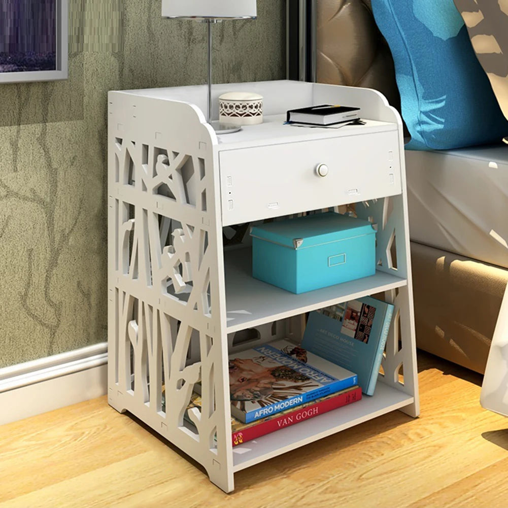 White hollow carved bird pattern bedside table with drawers bedroom living room side table storage cabinet