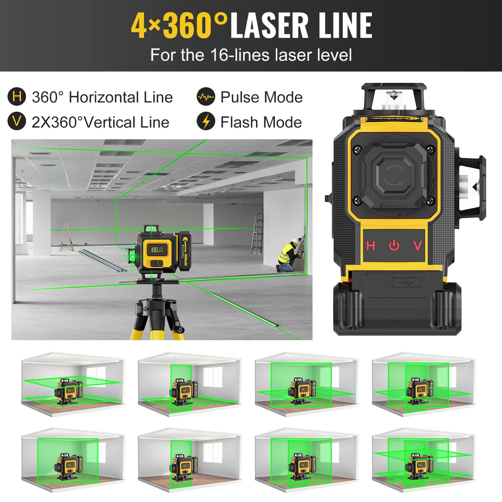 CONENTOOL Laser Level with Tripod, Multifunctional 4D 16 Cross Lines, 360° Rotation Window Self-Leveling, 2 Batteries & Charger
