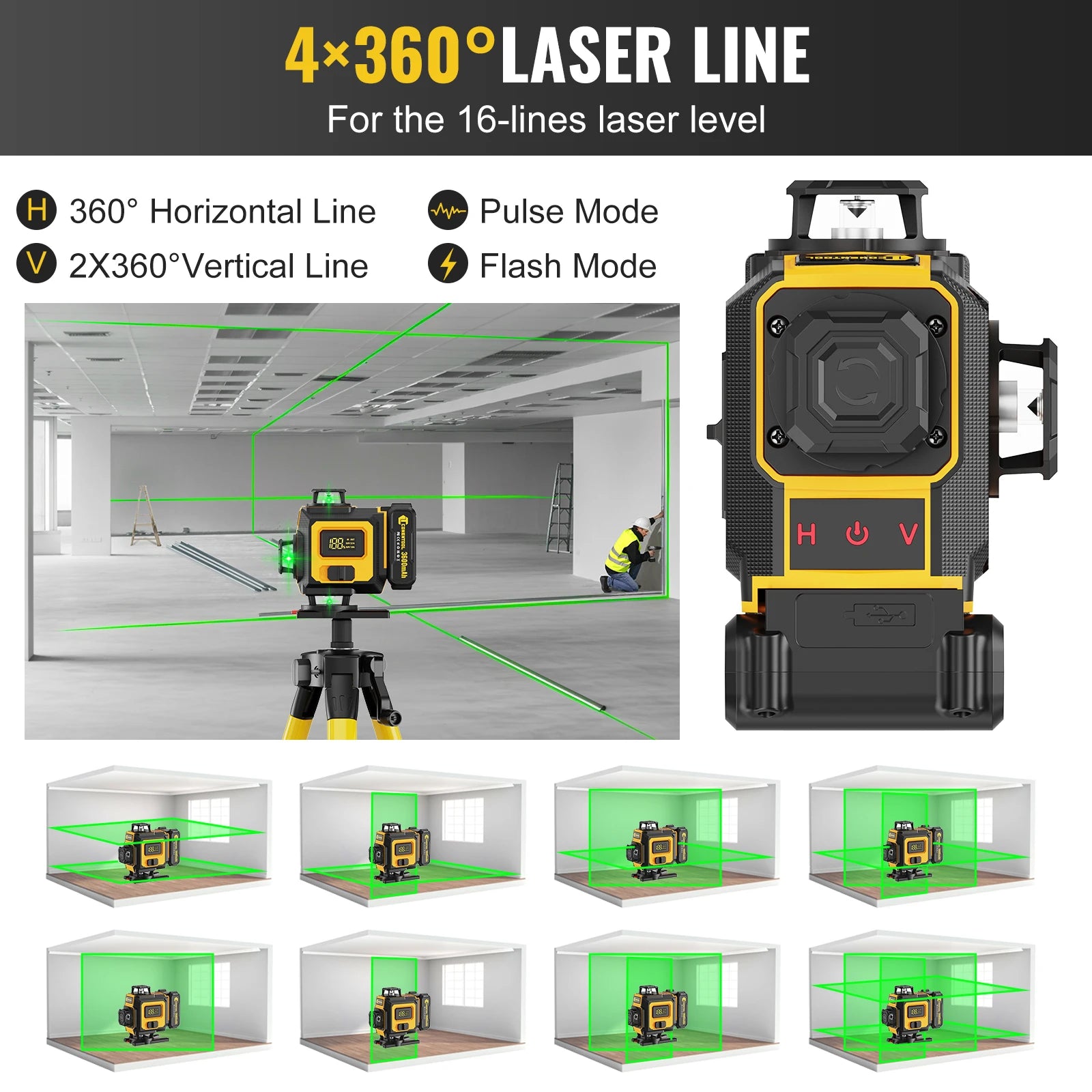 CONENTOOL Laser Level with Tripod, Multifunctional 4D 16 Cross Lines, 360° Rotation Window Self-Leveling, 2 Batteries & Charger