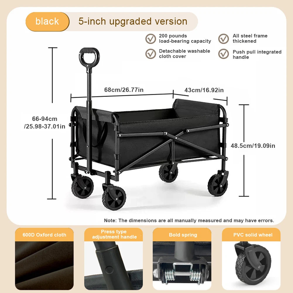 Collapsible Folding Utility Wagon Outdoor Camping Beach Wagon Cart Heavy Duty Large Capacity Fold Wagon Portable Grocery Trolley