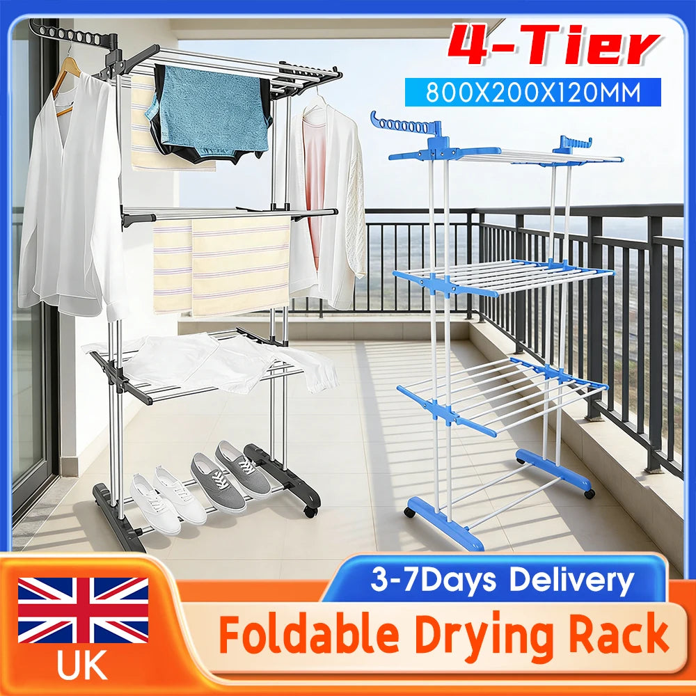 4-Tier Movable Clothes Drying Rack Foldable with 4 Castors Free Standing Rolling Laundry Rack for Towels Clothes Indoor Outdoor