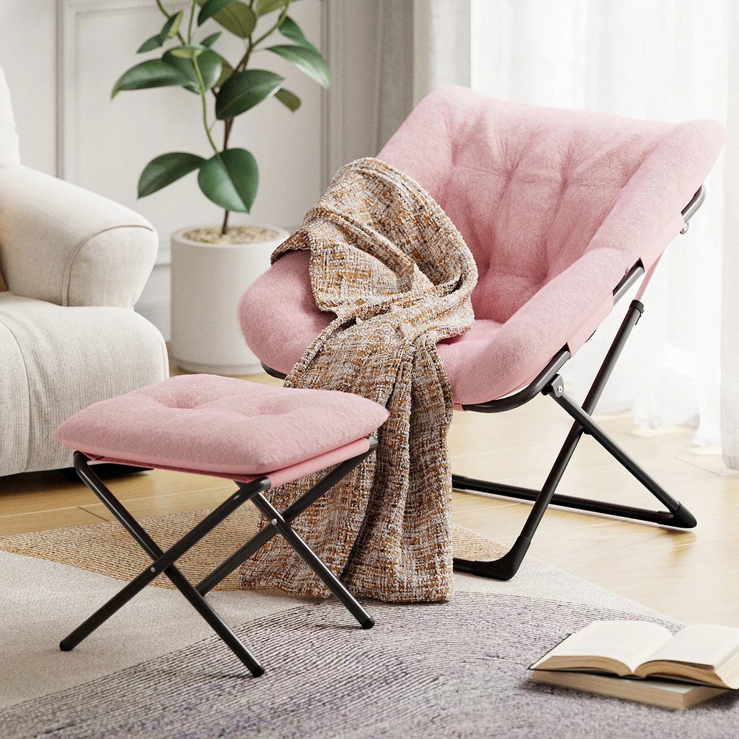 Oversized Folding Saucer Chair with Foot Stool for Adults Soft Faux Leather Metal Frame Lounge Armchair for Bedroom Living Room