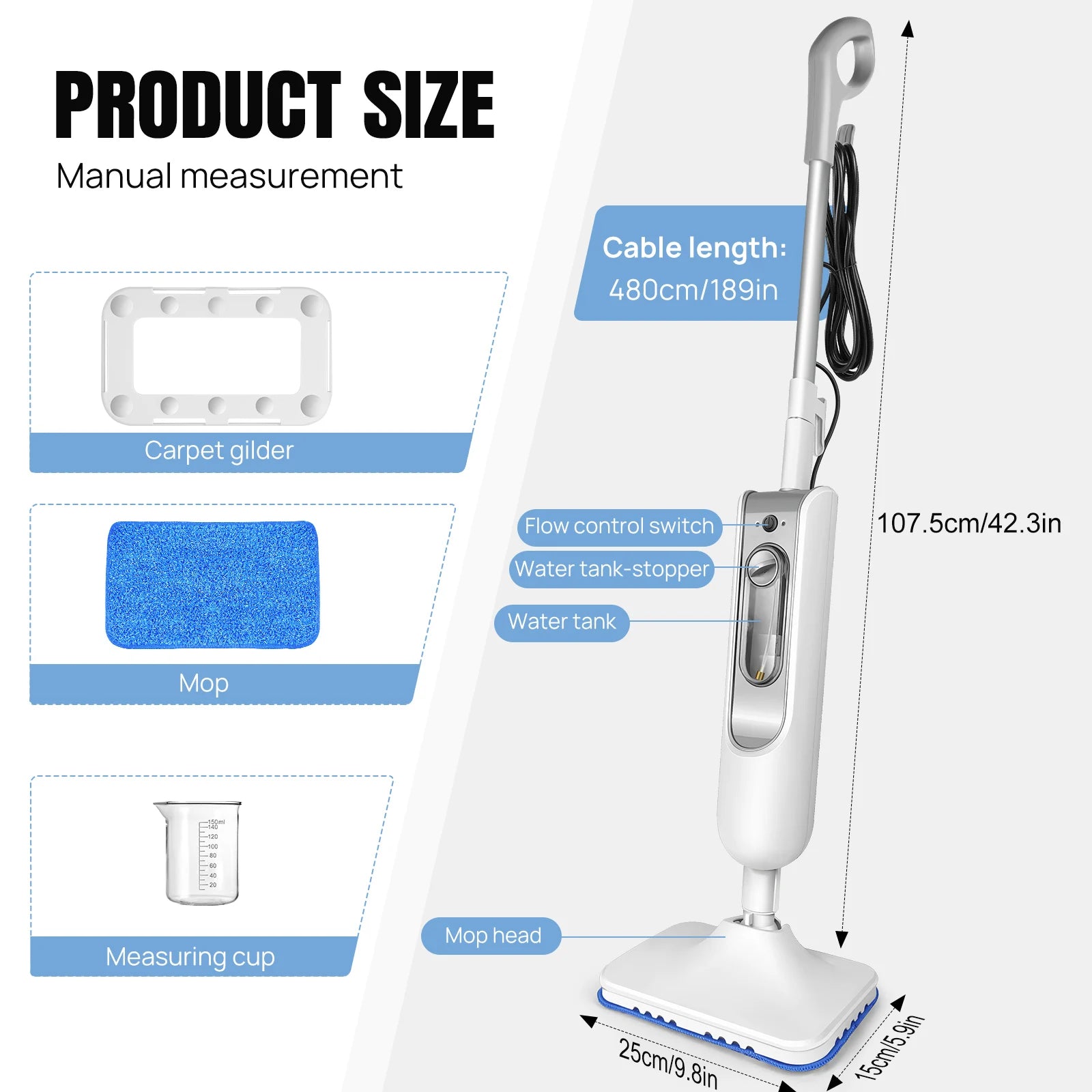 Steam Mop&Detachable Steam Cleaner,1500W Powerful Floor Steamer,Removes up to99.9%of Bacteria andViruses,for Carpet  Clean,400ml