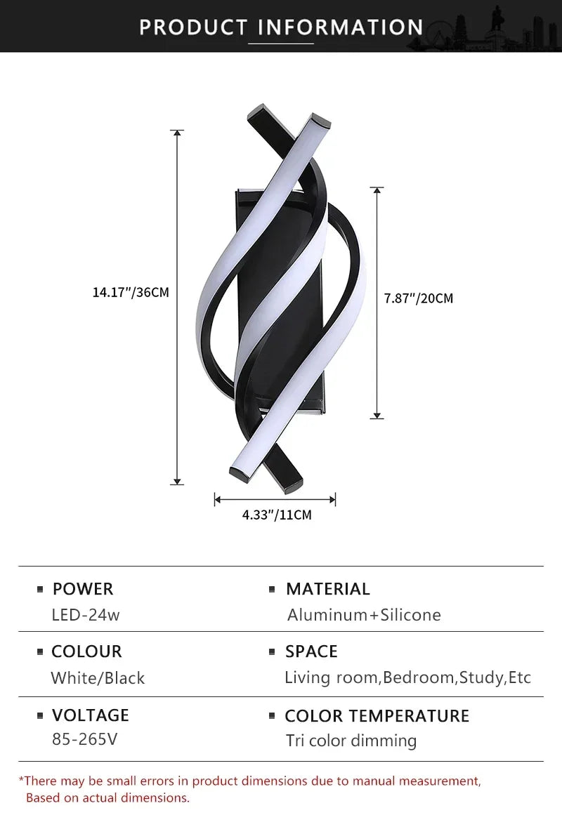 Curved Spiral Design LED Wall Lamp for Bedroom Bedside Corridor Living Room Staircase Corridor Lighting Fixture Home Decor Light