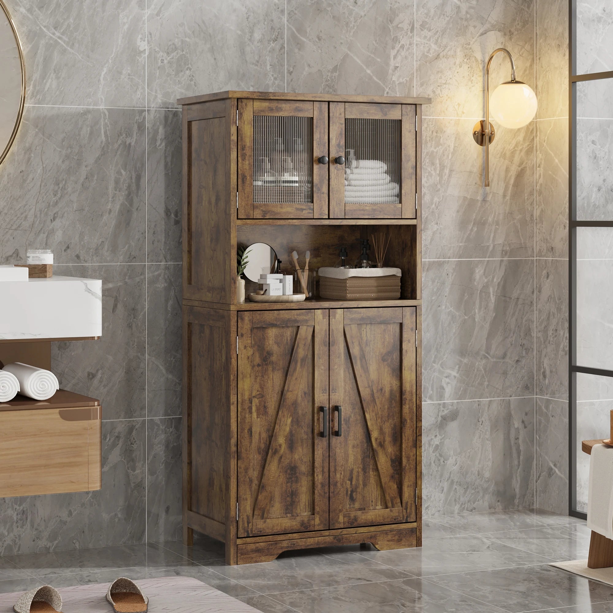 54in Tall Freestanding Kitchen Pantry Cabinet with Glass Doors and Adjustable Shelves Cupboard, Floor Cabinet for Living Room