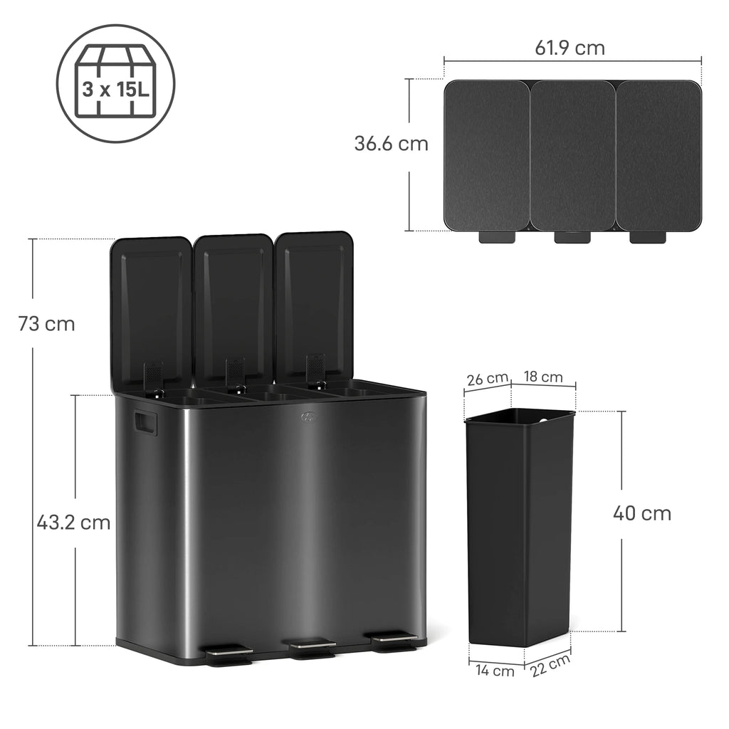 HOMCOM 3 x 15L Triple Kitchen Bin Pedal Bin for Recycling and Waste Black