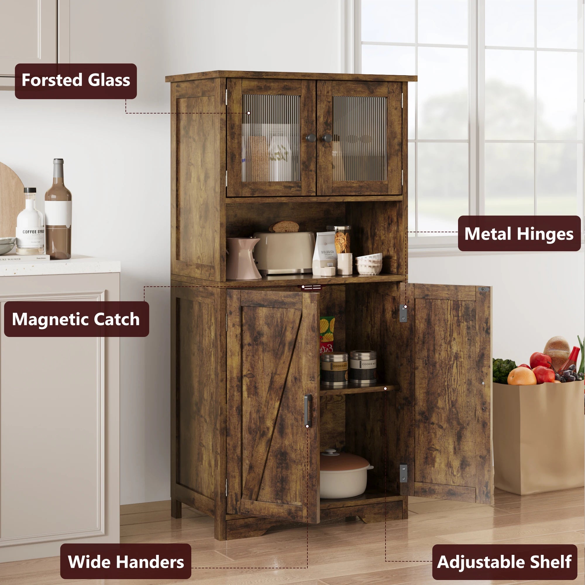 54in Tall Freestanding Kitchen Pantry Cabinet with Glass Doors and Adjustable Shelves Cupboard, Floor Cabinet for Living Room