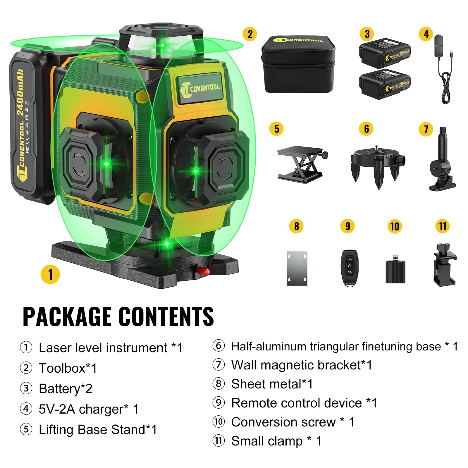 CONENTOOL Laser Level with Tripod, Multifunctional 4D 16 Cross Lines, 360° Rotation Window Self-Leveling, 2 Batteries & Charger