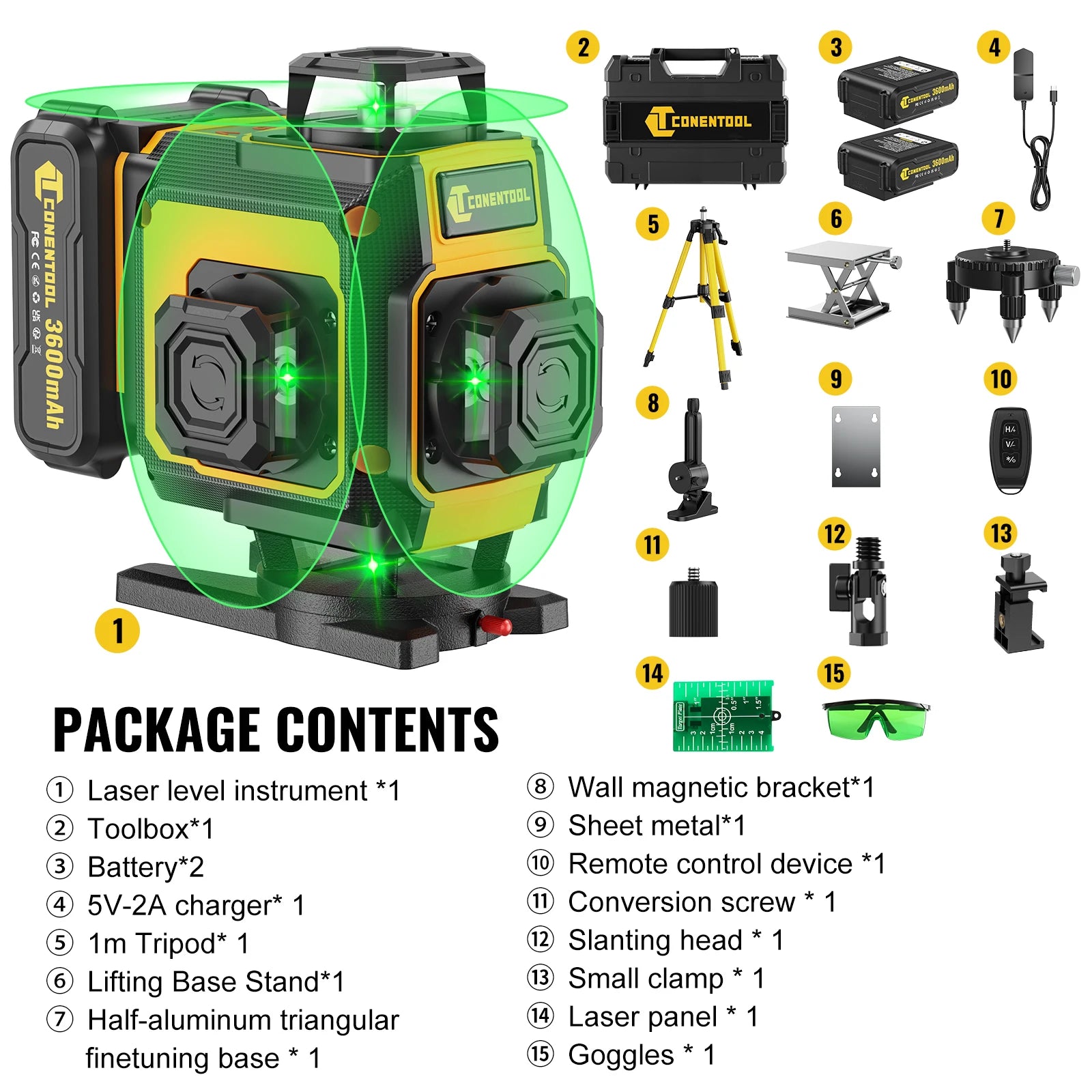 CONENTOOL 16 Lines Laser Level Tripod 4D 360°Self-leveling Horizontal Vertical Professional Laser Level Tools 2x3600mAh Battery