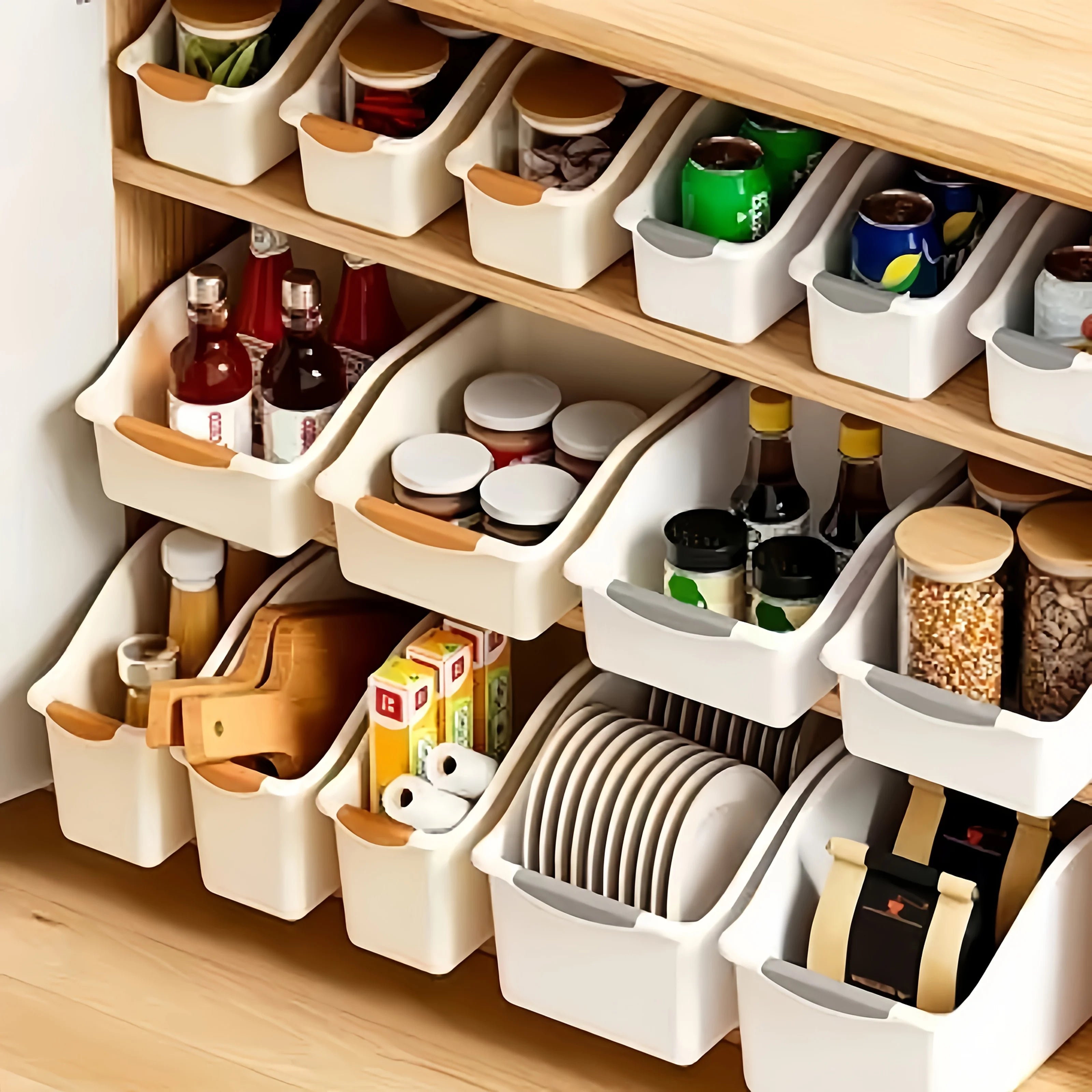 2-Pack Curved Storage Boxes: Heavy-Duty Organizer for Under Sink, Pantry & Cabinet. Save Space, No Assembly.