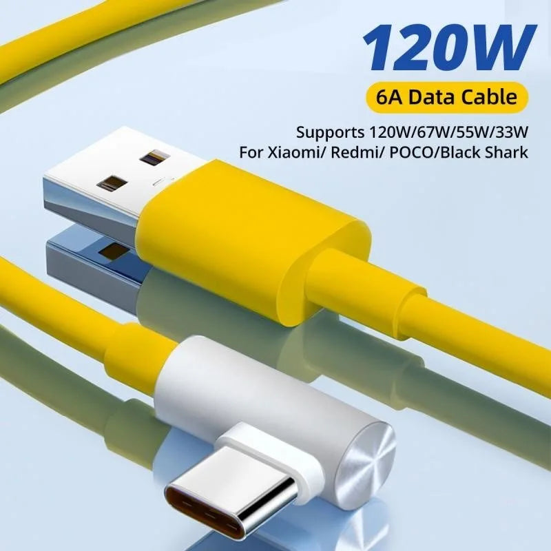 Original Xiaomi 120W 6A USB Super Fast Charger For Mi 12 11 POCO X5 X4 Pro Redmi Note 8 9 10 11 90 Degree Type C Charging Cable