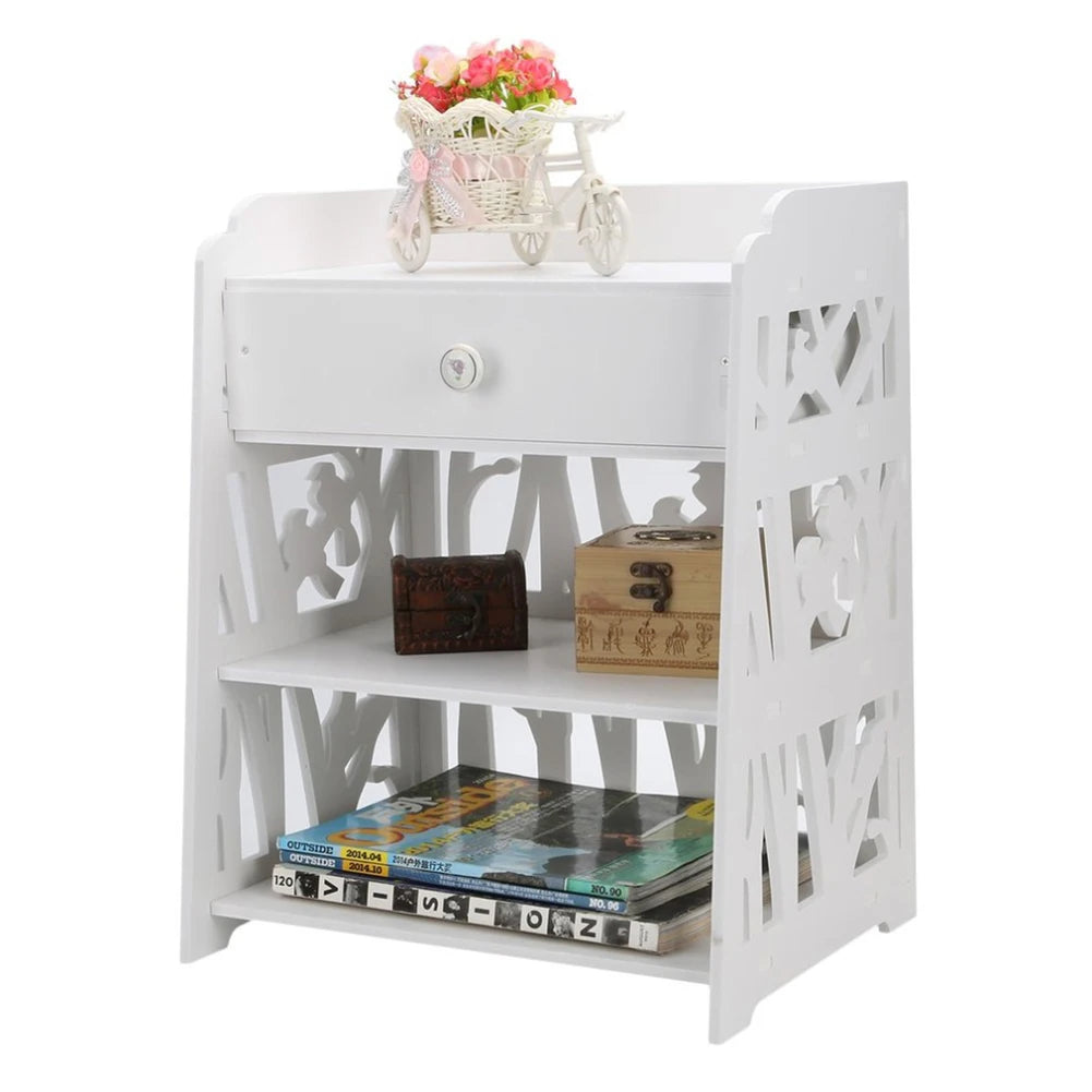 White hollow carved bird pattern bedside table with drawers bedroom living room side table storage cabinet