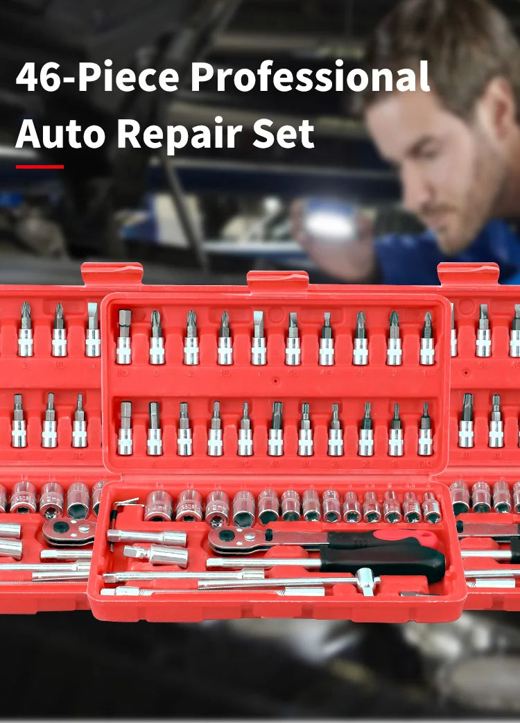 46-Piece Tool Set - General Home Use Craft Toolbox, Motorcycle Car Repair Tool Set, with Plastic Tool Box Storage Box