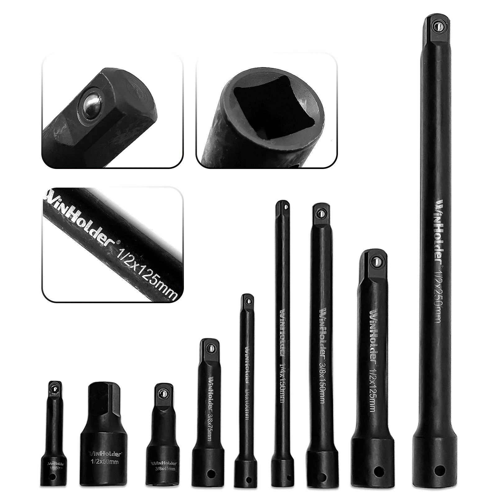 9Pcs/Set Impact Extension Bars 1/2" 3/8" 1/4" Drive Long Reach Extension Bar Set For Impact Sockets Ratchets Repair Tools Black
