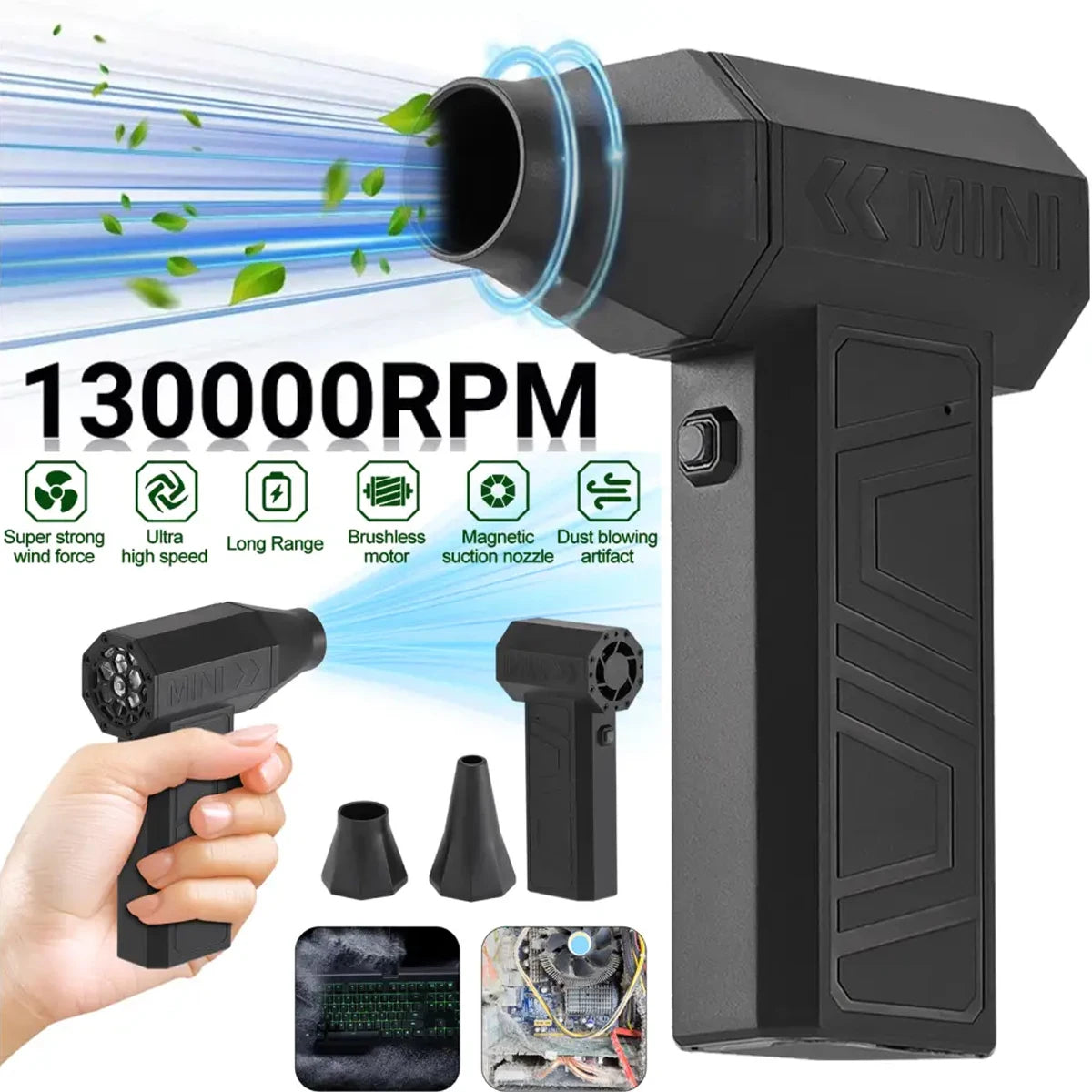 130,000RPM Air Blower Turbo Super Jet Fan USB Electric Power Handheld Mini Dust Cleaner 3High Speed Duster Gun Cleaning Tool