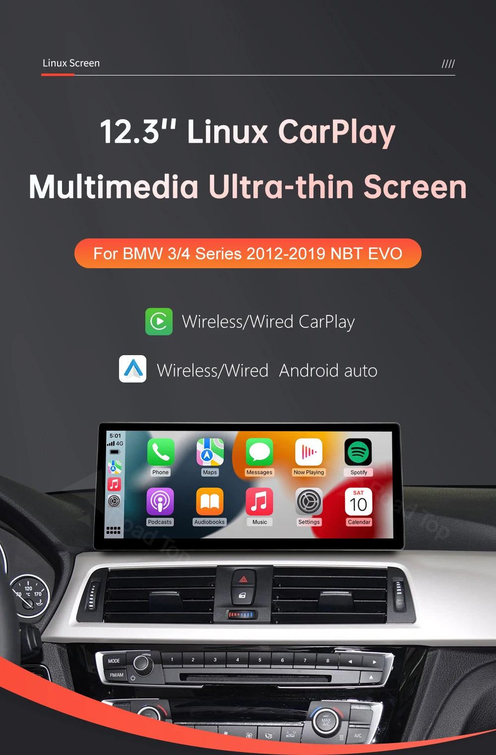 12.3'' Wireless CarPlay Car Multimedia Display Screen For BMW 3 4 Series F30 F31 F32 F33 F34 F36 NBT EVO with Android Auto