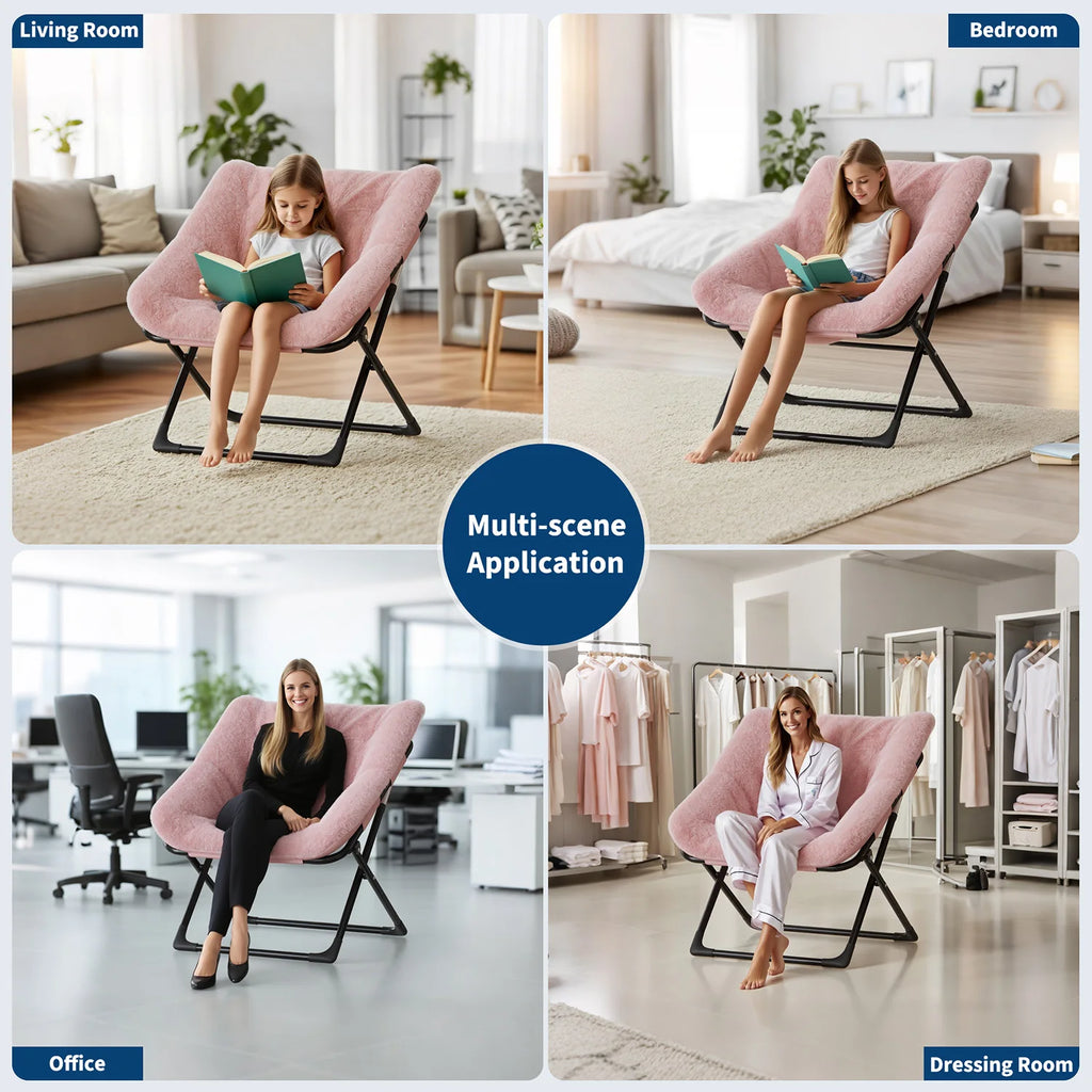 Oversized Folding Saucer Chair with Foot Stool for Adults Soft Faux Leather Metal Frame Lounge Armchair for Bedroom Living Room