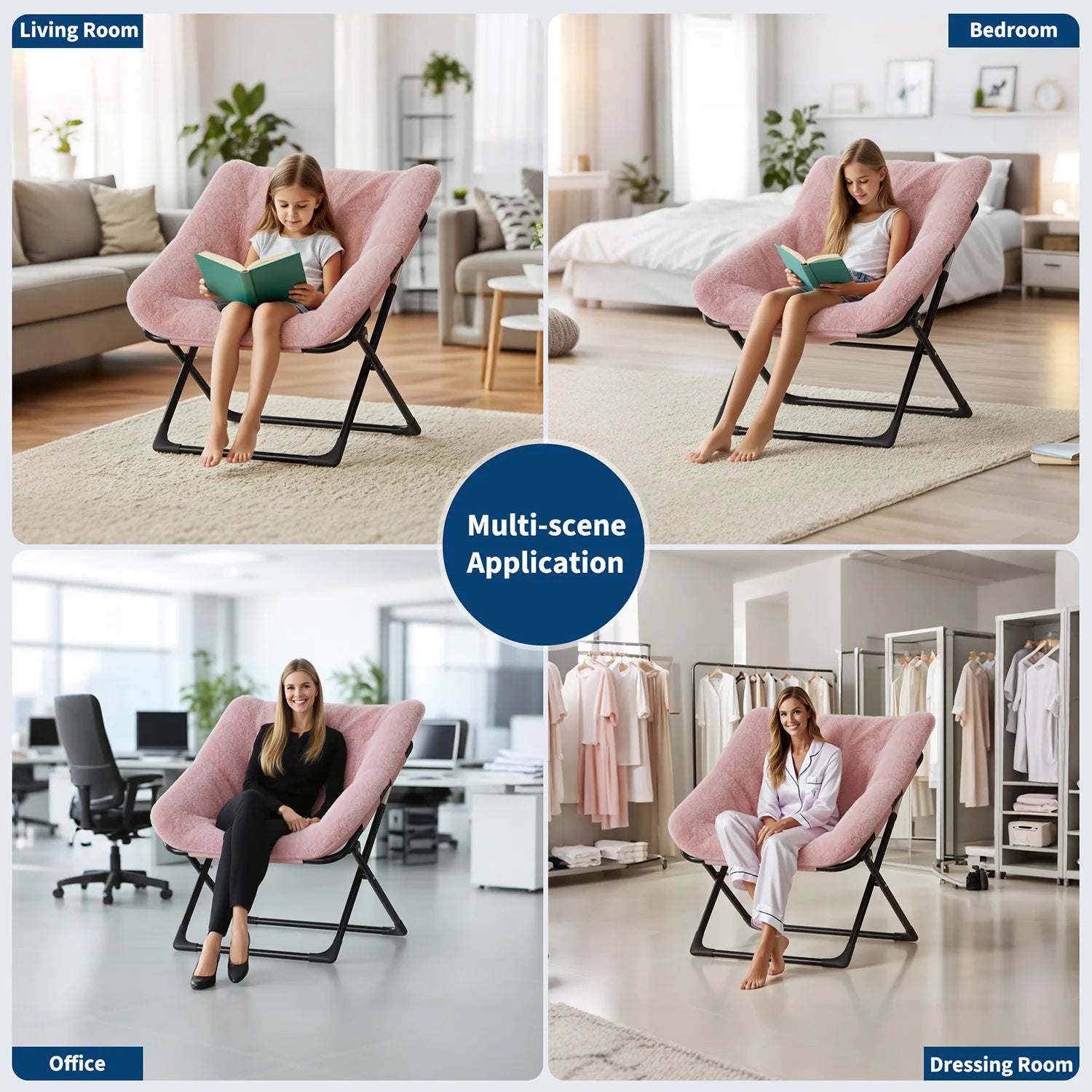 Oversized Folding Saucer Chair with Foot Stool for Adults Soft Faux Leather Metal Frame Lounge Armchair for Bedroom Living Room