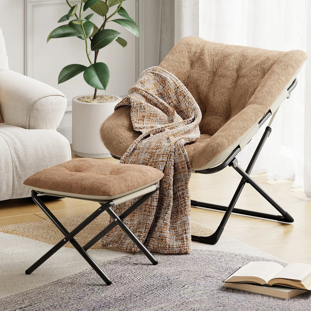 Oversized Folding Saucer Chair with Foot Stool for Adults Soft Faux Leather Metal Frame Lounge Armchair for Bedroom Living Room