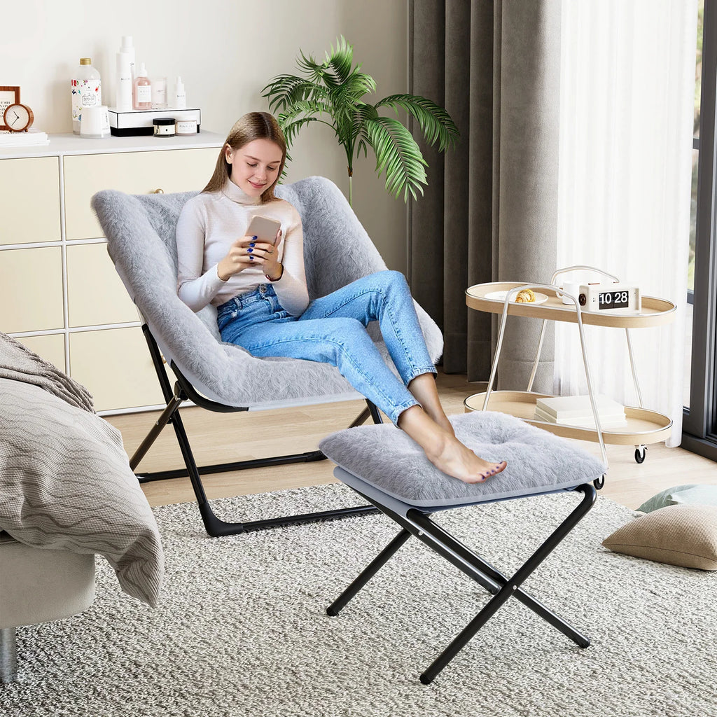 Oversized Folding Saucer Chair with Foot Stool for Adults Soft Faux Leather Metal Frame Lounge Armchair for Bedroom Living Room