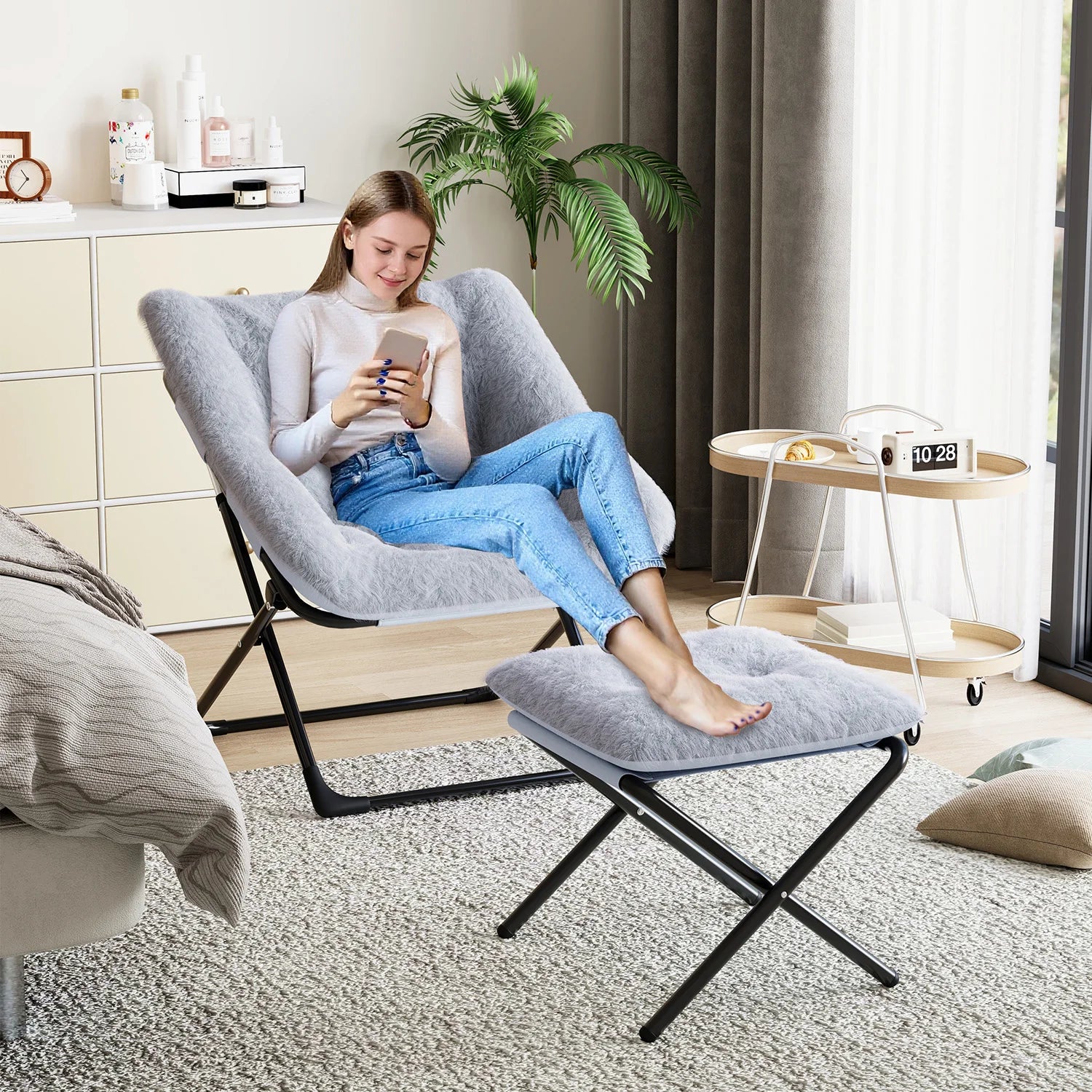 Oversized Folding Saucer Chair with Foot Stool for Adults Soft Faux Leather Metal Frame Lounge Armchair for Bedroom Living Room