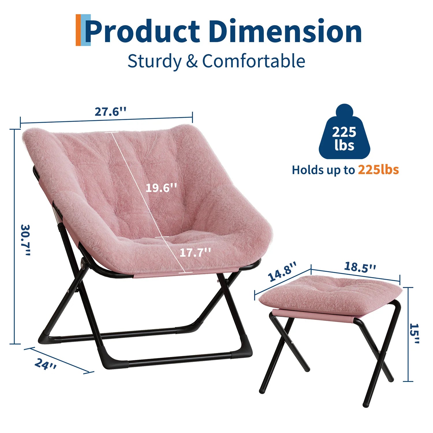 Oversized Folding Saucer Chair with Foot Stool for Adults Soft Faux Leather Metal Frame Lounge Armchair for Bedroom Living Room