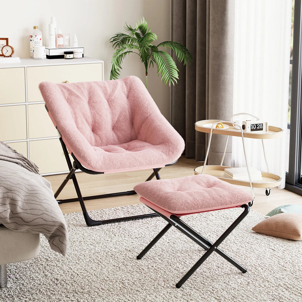 Oversized Folding Saucer Chair with Foot Stool for Adults Soft Faux Leather Metal Frame Lounge Armchair for Bedroom Living Room