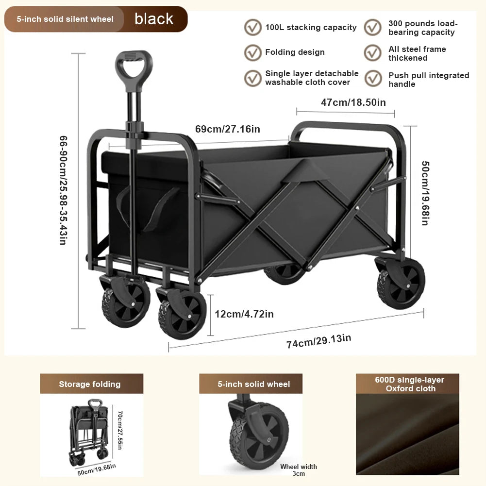 Collapsible Folding Utility Wagon Outdoor Camping Beach Wagon Cart Heavy Duty Large Capacity Fold Wagon Portable Grocery Trolley