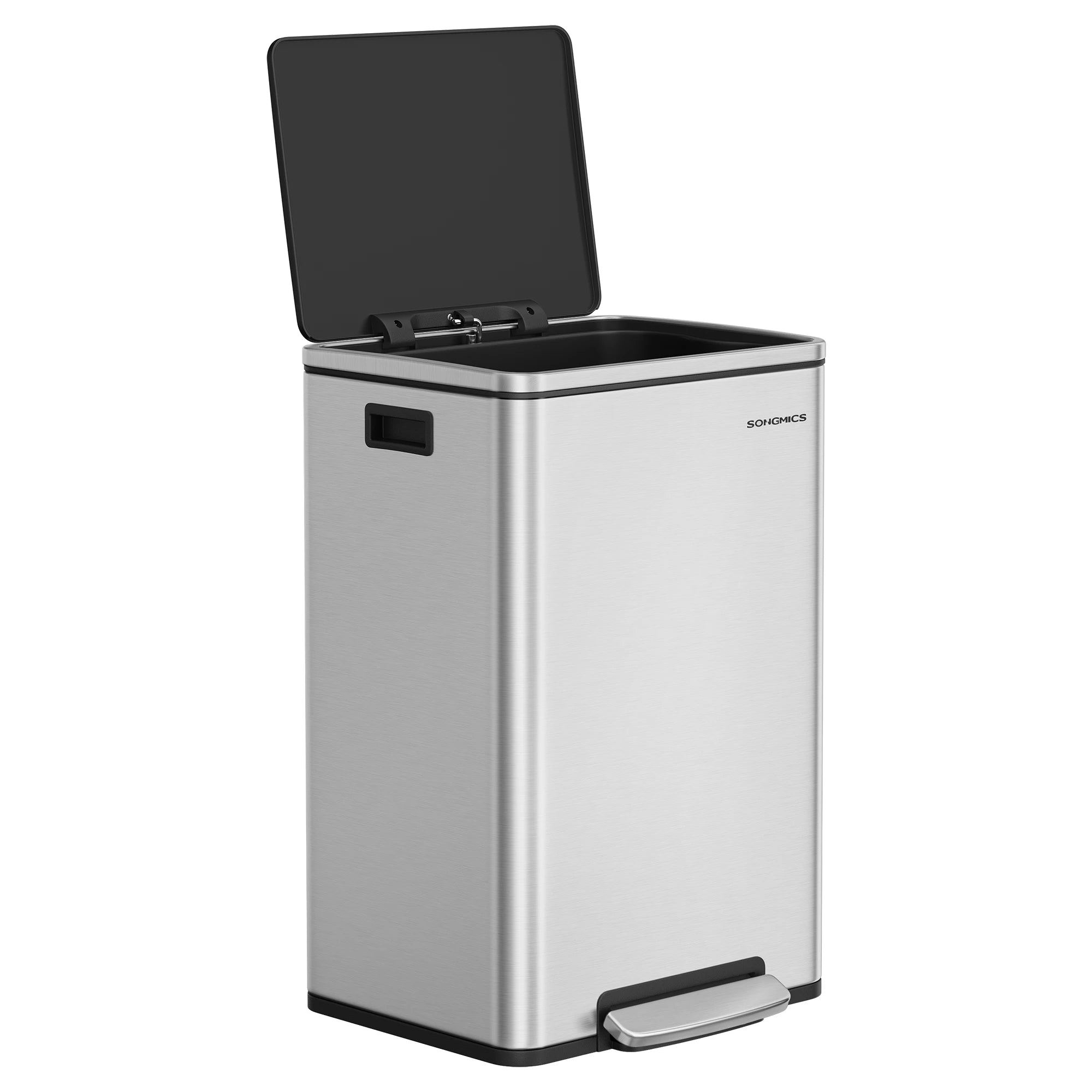 SONGMICS Kitchen Bin 50 L, with 15 Bin Bags, Stainless Steel, Removable Plastic Inner Bucket, with Lid, Handles