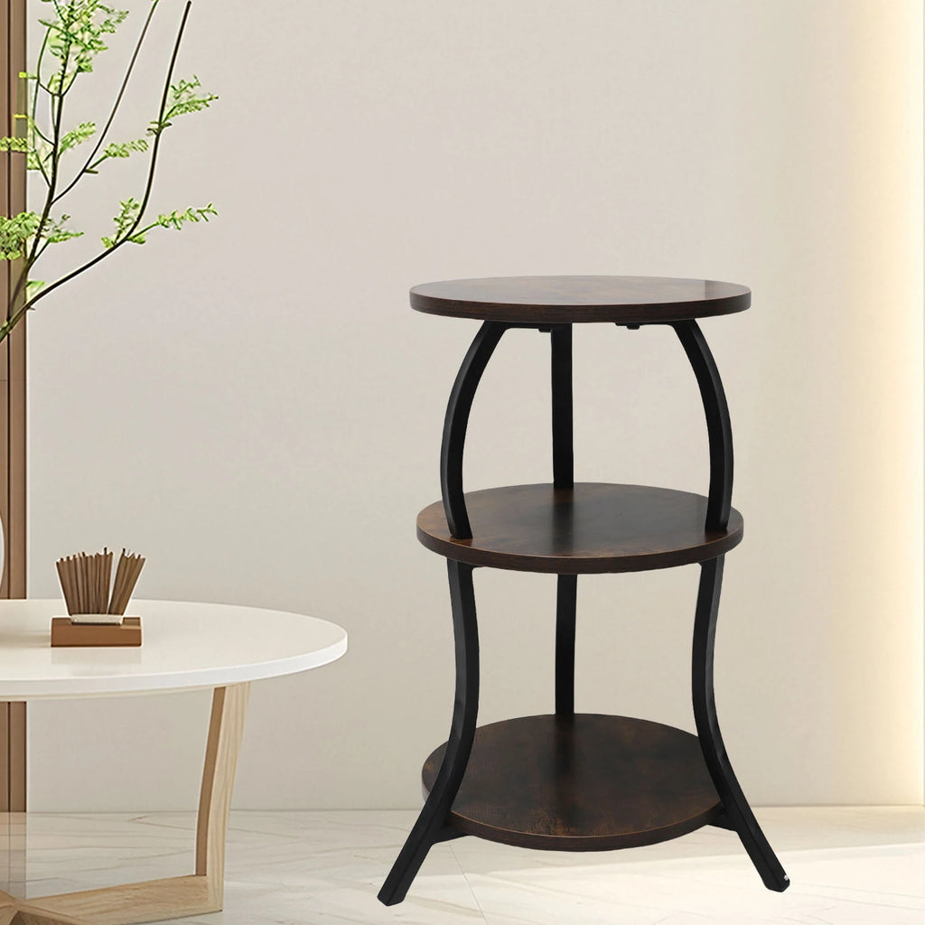 3 Tier Round End Table Bedside Table MDF Metal Frame Rustic Accent Table Nightstand for Couch Bedroom Living Room