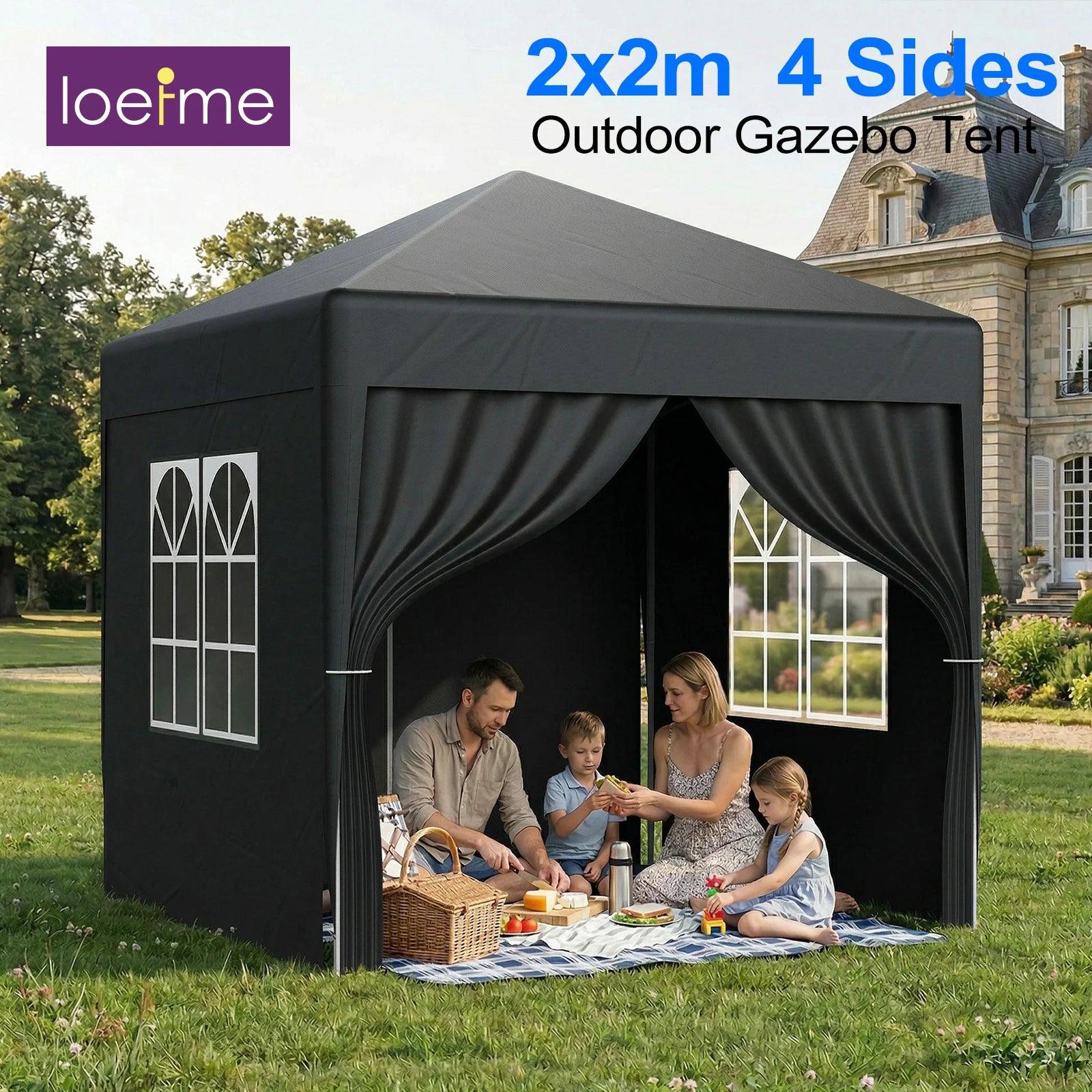 LOEFME Pop up Gazebo 2x2m Outdoor Shelter Commercial Market Stall W/ 4 Side Waterproof Windproof Sun Shelter Garden Camping Tent