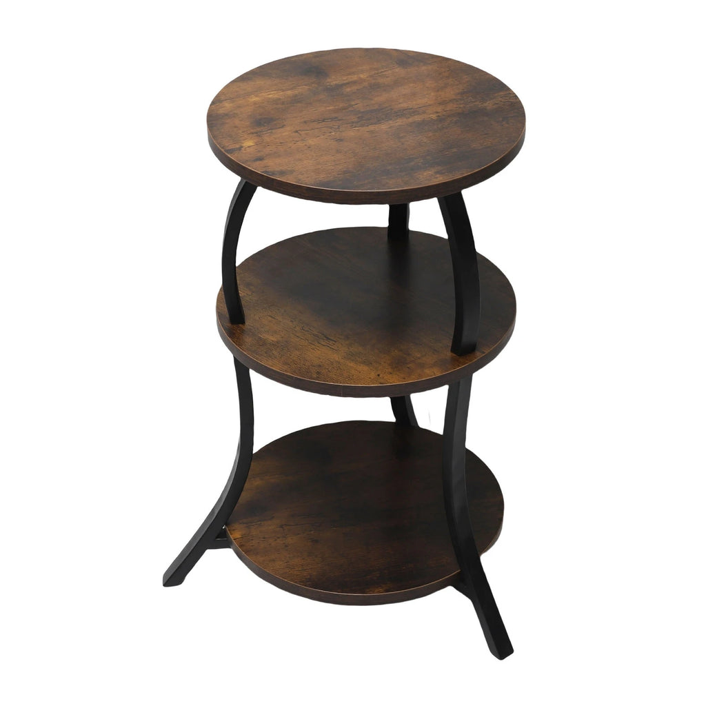 3 Tier Round End Table Bedside Table MDF Metal Frame Rustic Accent Table Nightstand for Couch Bedroom Living Room