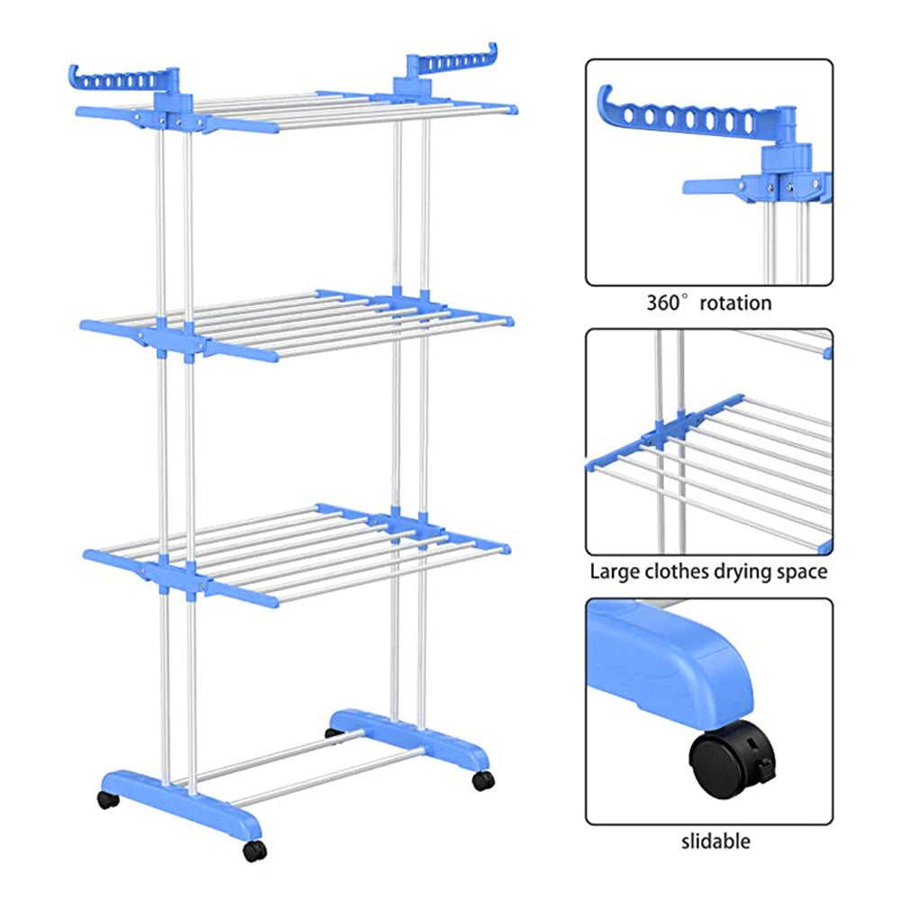 4-Tier Foldable Drying Rack Clothes Drying Rack with 4 Castors Rolling Clothes Horses Dryer Rack for Towels Clothes Shoes Linen