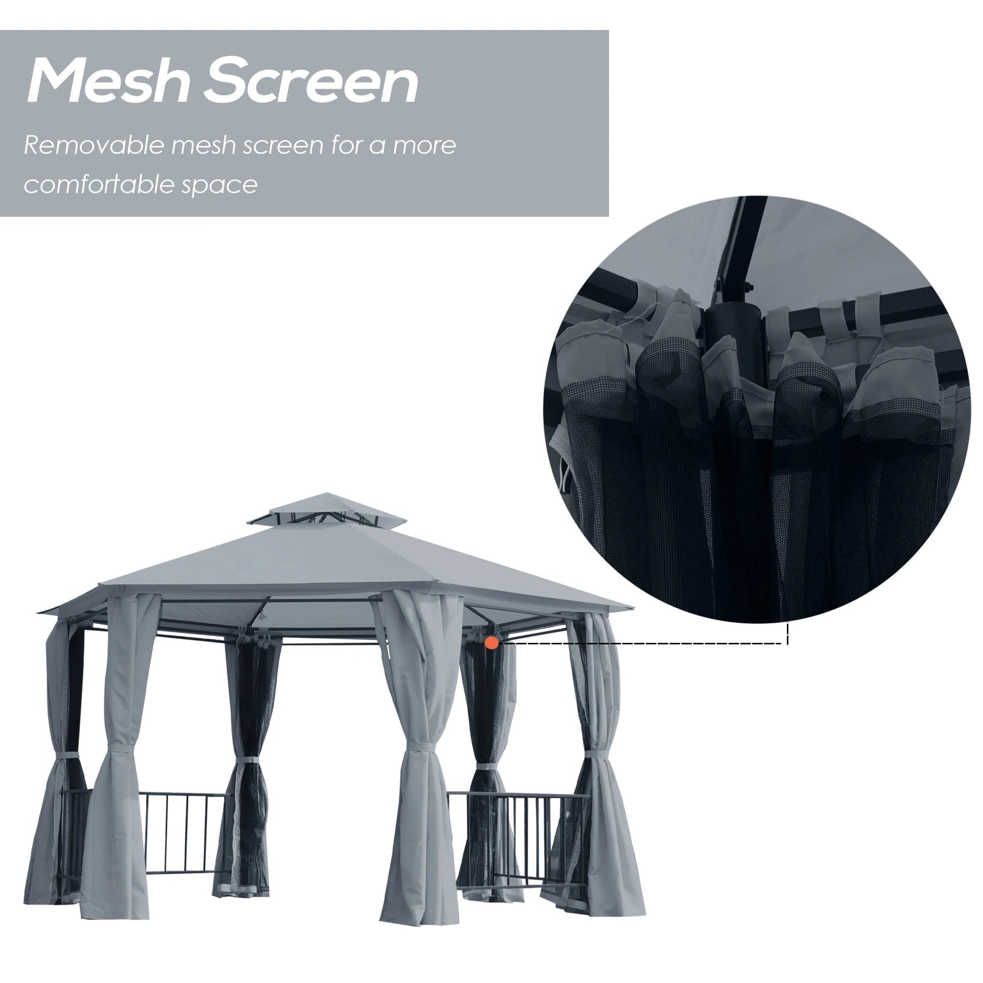 3 x 3(m) Hexagon Gazebo Patio Canopy Party Tent Outdoor Garden Shelter w/ 2 Tier Roof & Side Panel - Grey